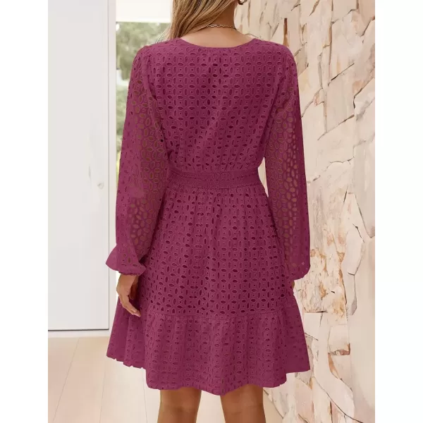 imageZESICA Womens 2024 Long Sleeve Mini Dress Fall V Neck Hollow Out Eyelet Embroidery Ruffle A Line Swing Short DressesFuchsia