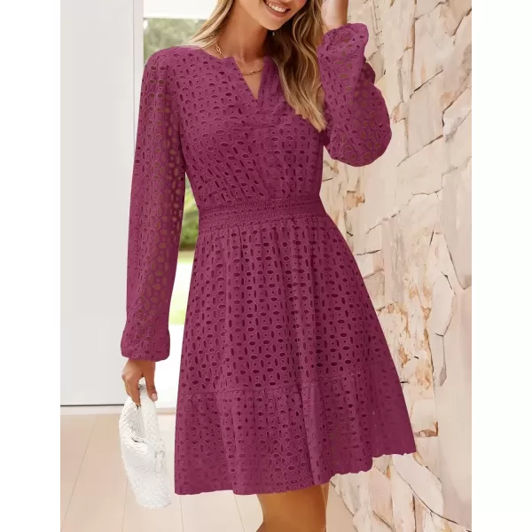 imageZESICA Womens 2024 Long Sleeve Mini Dress Fall V Neck Hollow Out Eyelet Embroidery Ruffle A Line Swing Short DressesFuchsia