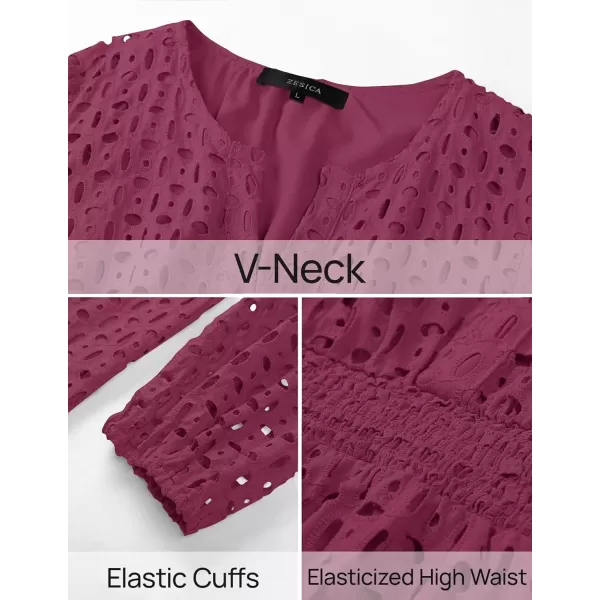 imageZESICA Womens 2024 Long Sleeve Mini Dress Fall V Neck Hollow Out Eyelet Embroidery Ruffle A Line Swing Short DressesFuchsia