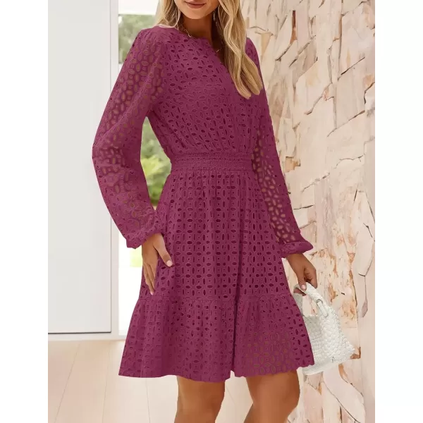 imageZESICA Womens 2024 Long Sleeve Mini Dress Fall V Neck Hollow Out Eyelet Embroidery Ruffle A Line Swing Short DressesFuchsia