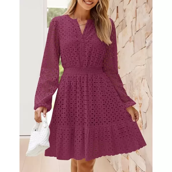 imageZESICA Womens 2024 Long Sleeve Mini Dress Fall V Neck Hollow Out Eyelet Embroidery Ruffle A Line Swing Short DressesFuchsia