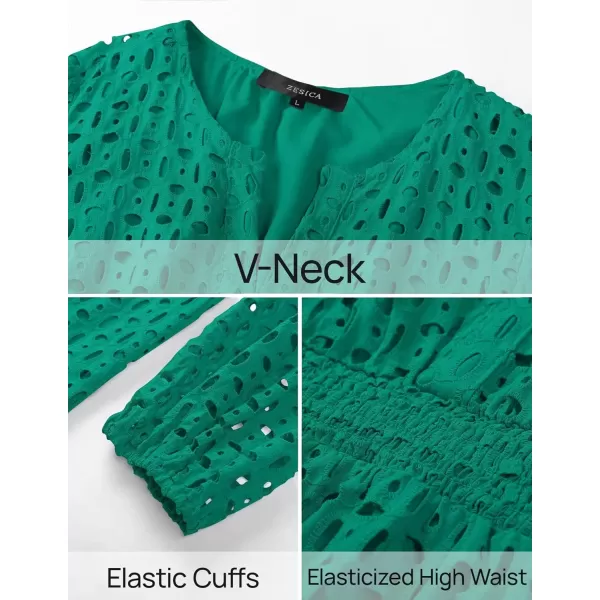 imageZESICA Womens 2024 Long Sleeve Mini Dress Fall V Neck Hollow Out Eyelet Embroidery Ruffle A Line Swing Short DressesGreen
