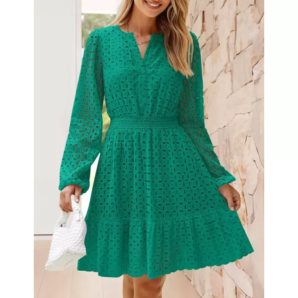 imageZESICA Womens 2024 Long Sleeve Mini Dress Fall V Neck Hollow Out Eyelet Embroidery Ruffle A Line Swing Short DressesGreen