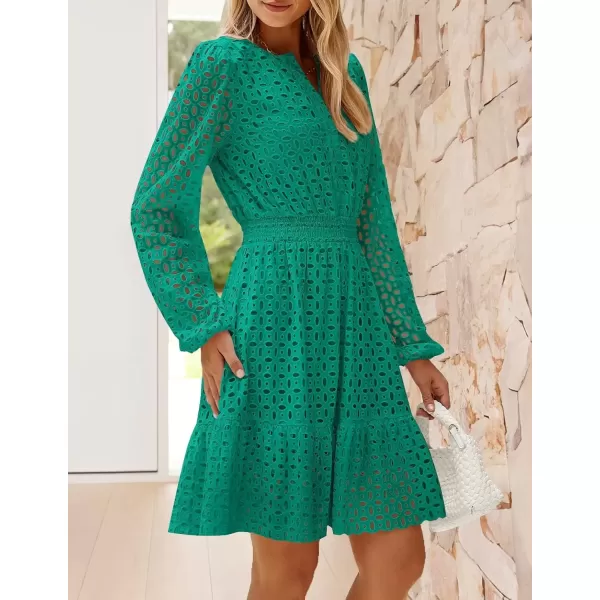 imageZESICA Womens 2024 Long Sleeve Mini Dress Fall V Neck Hollow Out Eyelet Embroidery Ruffle A Line Swing Short DressesGreen
