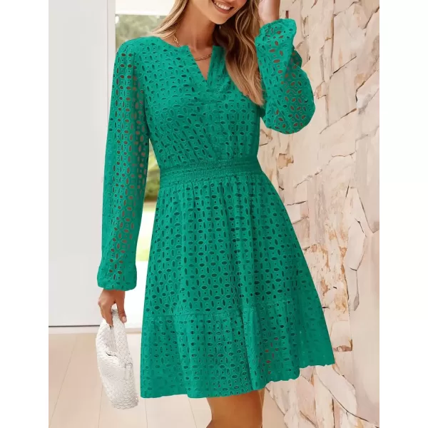 imageZESICA Womens 2024 Long Sleeve Mini Dress Fall V Neck Hollow Out Eyelet Embroidery Ruffle A Line Swing Short DressesGreen