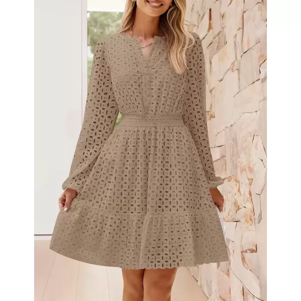 imageZESICA Womens 2024 Long Sleeve Mini Dress Fall V Neck Hollow Out Eyelet Embroidery Ruffle A Line Swing Short DressesKhaki