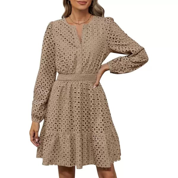 imageZESICA Womens 2024 Long Sleeve Mini Dress Fall V Neck Hollow Out Eyelet Embroidery Ruffle A Line Swing Short DressesKhaki