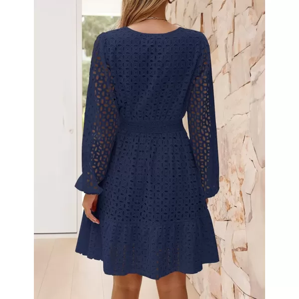 imageZESICA Womens 2024 Long Sleeve Mini Dress Fall V Neck Hollow Out Eyelet Embroidery Ruffle A Line Swing Short DressesNavy