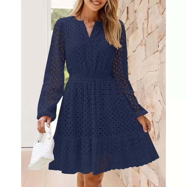 imageZESICA Womens 2024 Long Sleeve Mini Dress Fall V Neck Hollow Out Eyelet Embroidery Ruffle A Line Swing Short DressesNavy