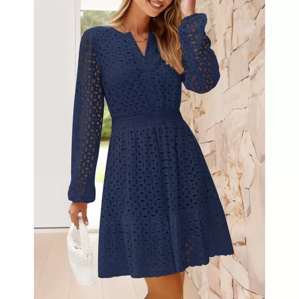 imageZESICA Womens 2024 Long Sleeve Mini Dress Fall V Neck Hollow Out Eyelet Embroidery Ruffle A Line Swing Short DressesNavy