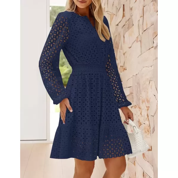 imageZESICA Womens 2024 Long Sleeve Mini Dress Fall V Neck Hollow Out Eyelet Embroidery Ruffle A Line Swing Short DressesNavy