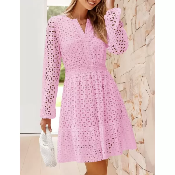 imageZESICA Womens 2024 Long Sleeve Mini Dress Fall V Neck Hollow Out Eyelet Embroidery Ruffle A Line Swing Short DressesPink