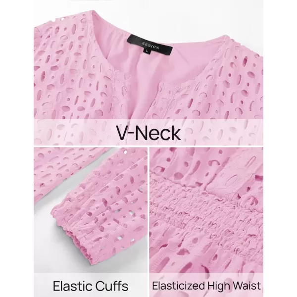 imageZESICA Womens 2024 Long Sleeve Mini Dress Fall V Neck Hollow Out Eyelet Embroidery Ruffle A Line Swing Short DressesPink