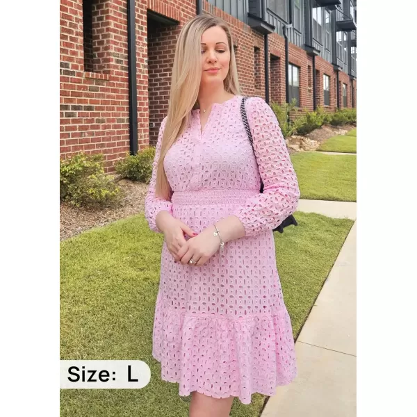 imageZESICA Womens 2024 Long Sleeve Mini Dress Fall V Neck Hollow Out Eyelet Embroidery Ruffle A Line Swing Short DressesPink