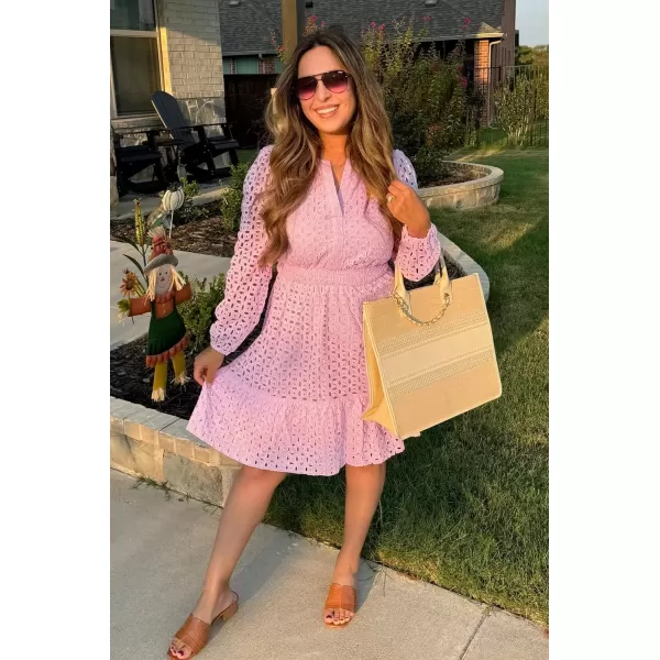 imageZESICA Womens 2024 Long Sleeve Mini Dress Fall V Neck Hollow Out Eyelet Embroidery Ruffle A Line Swing Short DressesPink