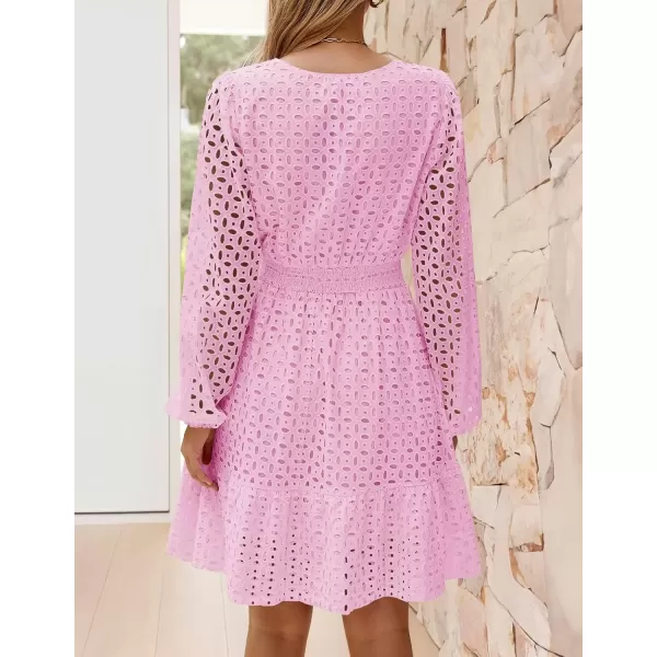 imageZESICA Womens 2024 Long Sleeve Mini Dress Fall V Neck Hollow Out Eyelet Embroidery Ruffle A Line Swing Short DressesPink