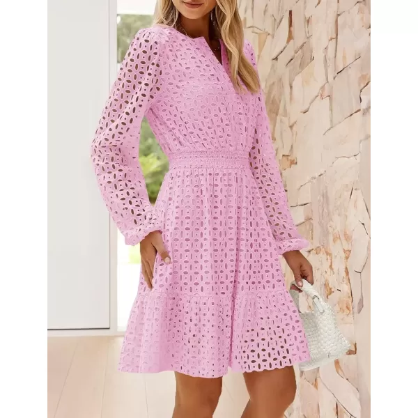 imageZESICA Womens 2024 Long Sleeve Mini Dress Fall V Neck Hollow Out Eyelet Embroidery Ruffle A Line Swing Short DressesPink