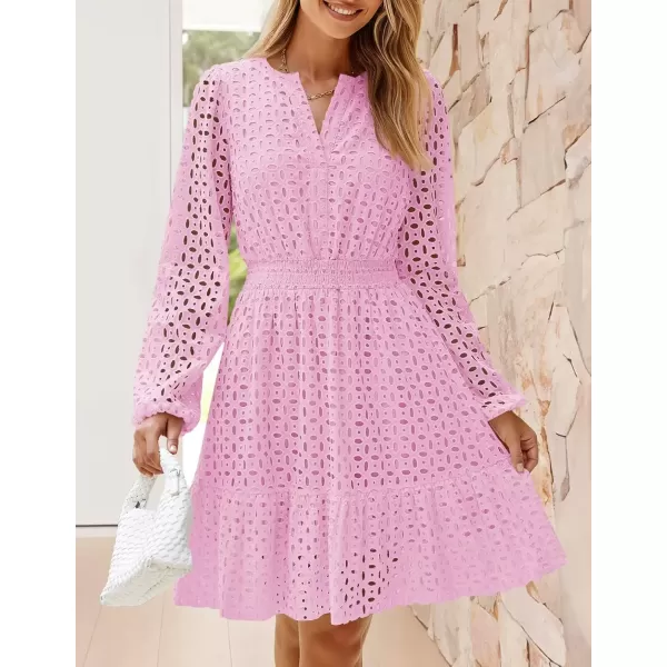 imageZESICA Womens 2024 Long Sleeve Mini Dress Fall V Neck Hollow Out Eyelet Embroidery Ruffle A Line Swing Short DressesPink