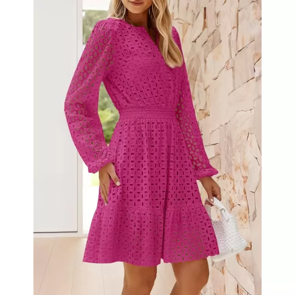 imageZESICA Womens 2024 Long Sleeve Mini Dress Fall V Neck Hollow Out Eyelet Embroidery Ruffle A Line Swing Short DressesRose
