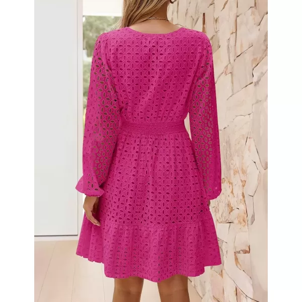 imageZESICA Womens 2024 Long Sleeve Mini Dress Fall V Neck Hollow Out Eyelet Embroidery Ruffle A Line Swing Short DressesRose