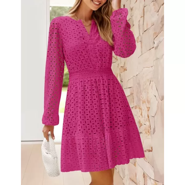 imageZESICA Womens 2024 Long Sleeve Mini Dress Fall V Neck Hollow Out Eyelet Embroidery Ruffle A Line Swing Short DressesRose