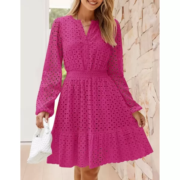 imageZESICA Womens 2024 Long Sleeve Mini Dress Fall V Neck Hollow Out Eyelet Embroidery Ruffle A Line Swing Short DressesRose