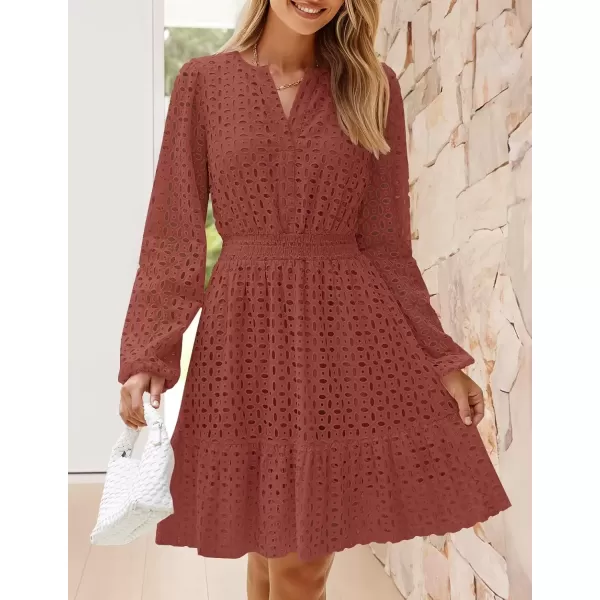 imageZESICA Womens 2024 Long Sleeve Mini Dress Fall V Neck Hollow Out Eyelet Embroidery Ruffle A Line Swing Short DressesRust