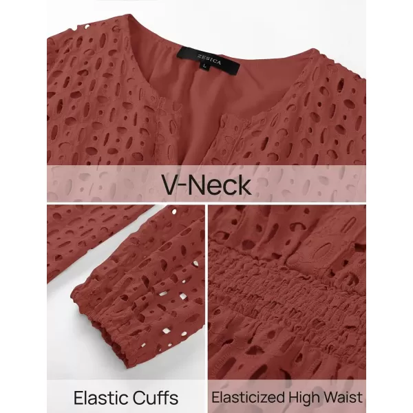 imageZESICA Womens 2024 Long Sleeve Mini Dress Fall V Neck Hollow Out Eyelet Embroidery Ruffle A Line Swing Short DressesRust