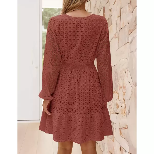 imageZESICA Womens 2024 Long Sleeve Mini Dress Fall V Neck Hollow Out Eyelet Embroidery Ruffle A Line Swing Short DressesRust