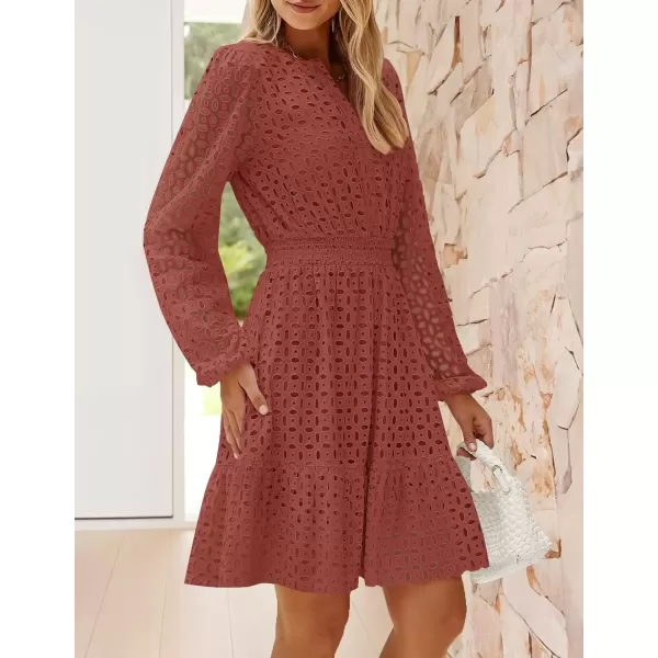 imageZESICA Womens 2024 Long Sleeve Mini Dress Fall V Neck Hollow Out Eyelet Embroidery Ruffle A Line Swing Short DressesRust