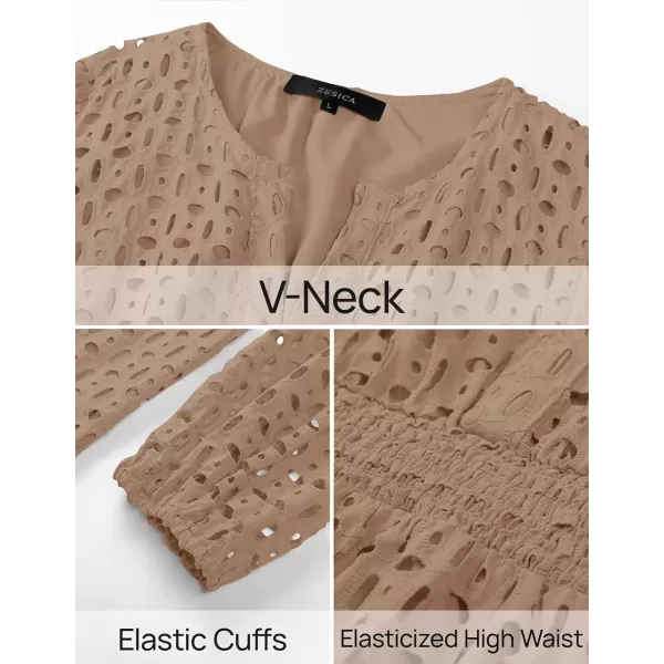 imageZESICA Womens 2024 Long Sleeve Mini Dress Fall V Neck Hollow Out Eyelet Embroidery Ruffle A Line Swing Short DressesTan
