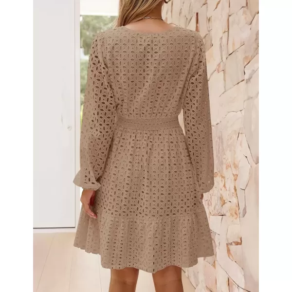imageZESICA Womens 2024 Long Sleeve Mini Dress Fall V Neck Hollow Out Eyelet Embroidery Ruffle A Line Swing Short DressesTan