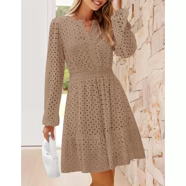 imageZESICA Womens 2024 Long Sleeve Mini Dress Fall V Neck Hollow Out Eyelet Embroidery Ruffle A Line Swing Short DressesTan