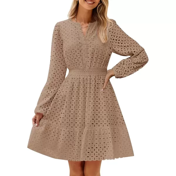 imageZESICA Womens 2024 Long Sleeve Mini Dress Fall V Neck Hollow Out Eyelet Embroidery Ruffle A Line Swing Short DressesTan