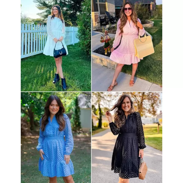 imageZESICA Womens 2024 Long Sleeve Mini Dress Fall V Neck Hollow Out Eyelet Embroidery Ruffle A Line Swing Short DressesTan