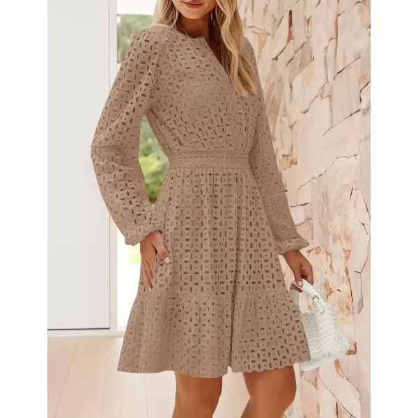 imageZESICA Womens 2024 Long Sleeve Mini Dress Fall V Neck Hollow Out Eyelet Embroidery Ruffle A Line Swing Short DressesTan