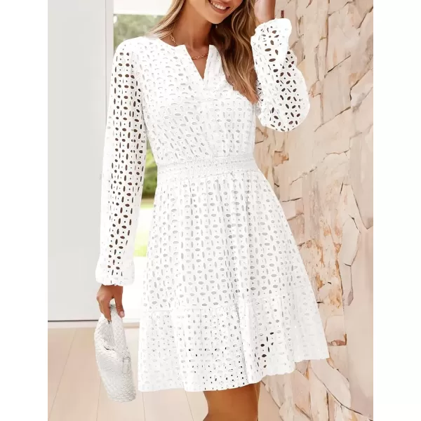 imageZESICA Womens 2024 Long Sleeve Mini Dress Fall V Neck Hollow Out Eyelet Embroidery Ruffle A Line Swing Short DressesWhite