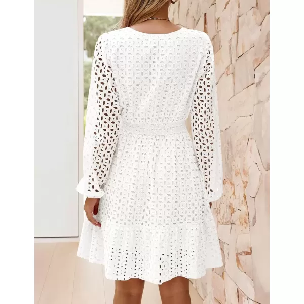 imageZESICA Womens 2024 Long Sleeve Mini Dress Fall V Neck Hollow Out Eyelet Embroidery Ruffle A Line Swing Short DressesWhite