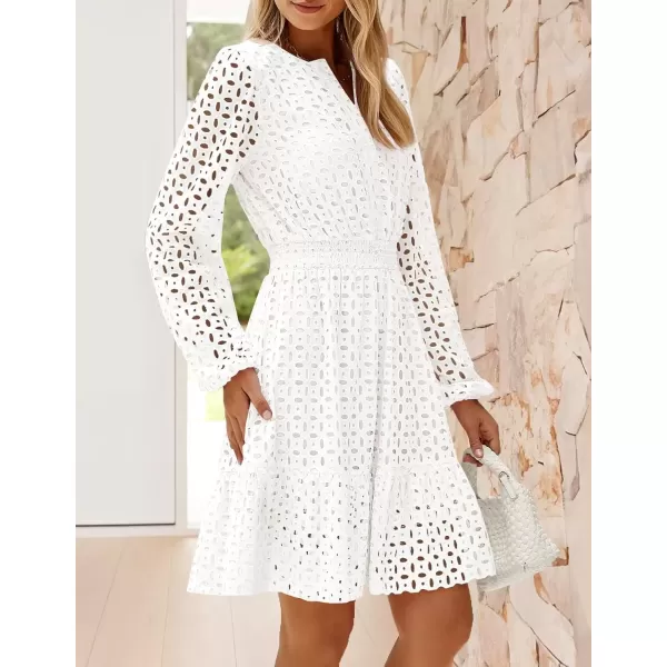 imageZESICA Womens 2024 Long Sleeve Mini Dress Fall V Neck Hollow Out Eyelet Embroidery Ruffle A Line Swing Short DressesWhite