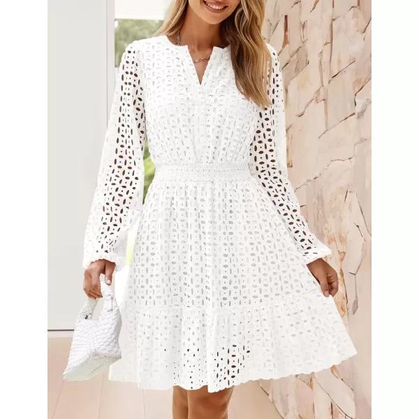 imageZESICA Womens 2024 Long Sleeve Mini Dress Fall V Neck Hollow Out Eyelet Embroidery Ruffle A Line Swing Short DressesWhite