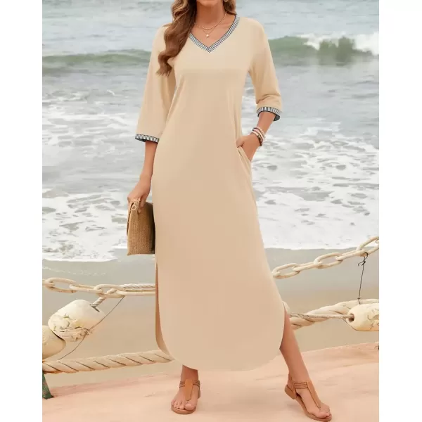 imageZESICA Womens Dresses 2024 Causal 34 Sleeve V Neck Loose Fit Split Beach Long Maxi Dress with PocketsApricot
