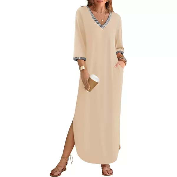 imageZESICA Womens Dresses 2024 Causal 34 Sleeve V Neck Loose Fit Split Beach Long Maxi Dress with PocketsApricot