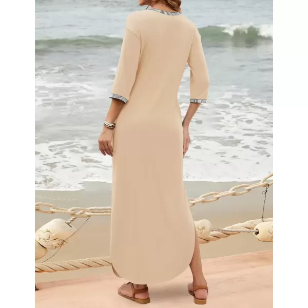 imageZESICA Womens Dresses 2024 Causal 34 Sleeve V Neck Loose Fit Split Beach Long Maxi Dress with PocketsApricot