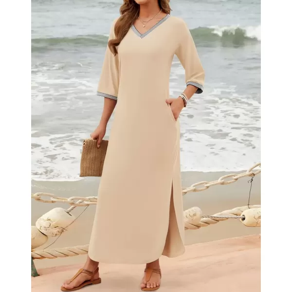 imageZESICA Womens Dresses 2024 Causal 34 Sleeve V Neck Loose Fit Split Beach Long Maxi Dress with PocketsApricot