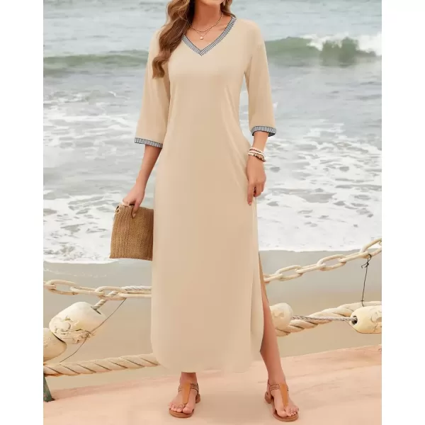 imageZESICA Womens Dresses 2024 Causal 34 Sleeve V Neck Loose Fit Split Beach Long Maxi Dress with PocketsApricot