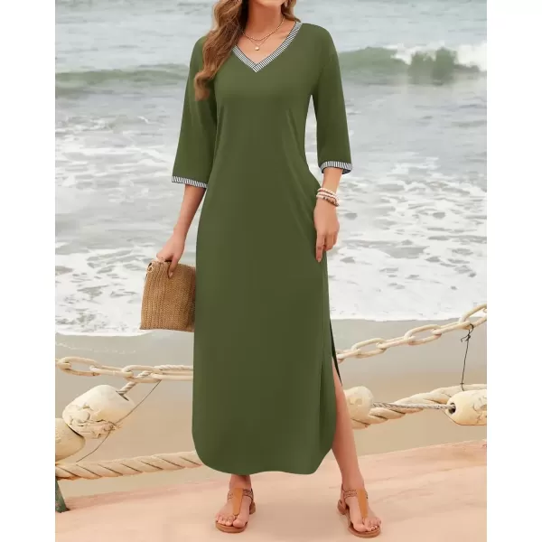 imageZESICA Womens Dresses 2024 Causal 34 Sleeve V Neck Loose Fit Split Beach Long Maxi Dress with PocketsArmygreen