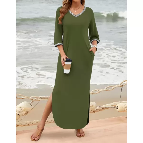 imageZESICA Womens Dresses 2024 Causal 34 Sleeve V Neck Loose Fit Split Beach Long Maxi Dress with PocketsArmygreen