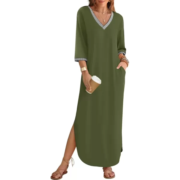 imageZESICA Womens Dresses 2024 Causal 34 Sleeve V Neck Loose Fit Split Beach Long Maxi Dress with PocketsArmygreen