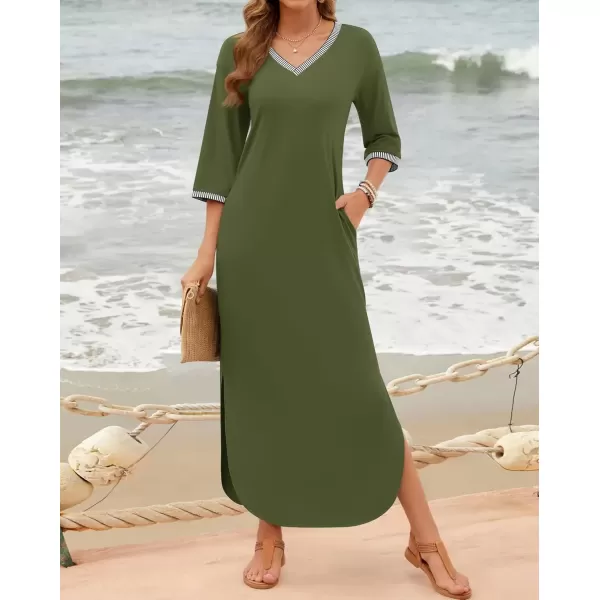imageZESICA Womens Dresses 2024 Causal 34 Sleeve V Neck Loose Fit Split Beach Long Maxi Dress with PocketsArmygreen