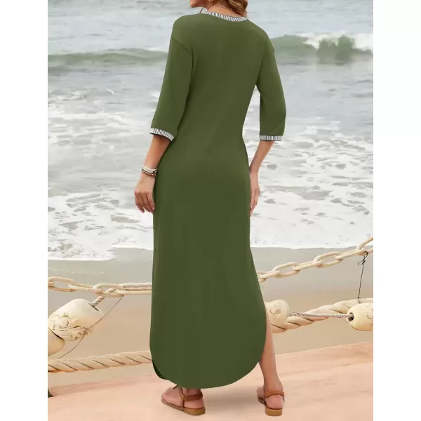 imageZESICA Womens Dresses 2024 Causal 34 Sleeve V Neck Loose Fit Split Beach Long Maxi Dress with PocketsArmygreen